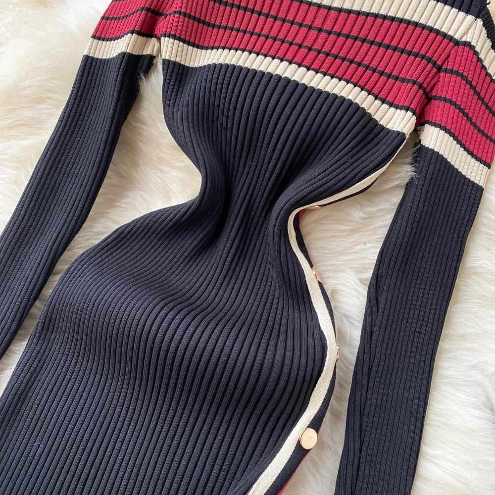 Damen Strickkleid figurbetont | Mit Kontraststreifen & Seitenschlitz-Design