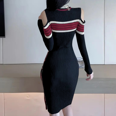 Damen Strickkleid figurbetont | Mit Kontraststreifen & Seitenschlitz-Design