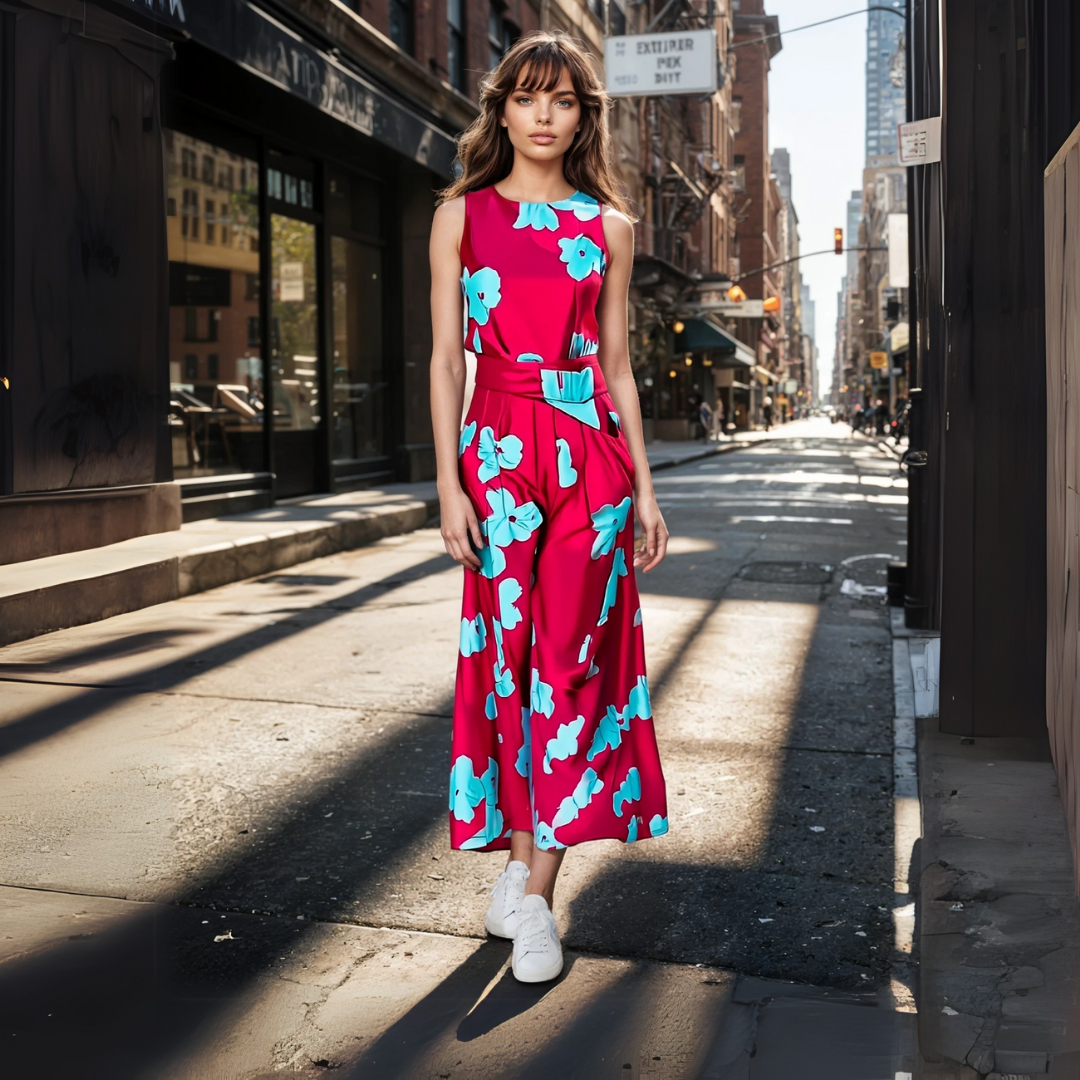 Vera – Elegantes Abendkleid mit Blumendruck und Tunika-Stil