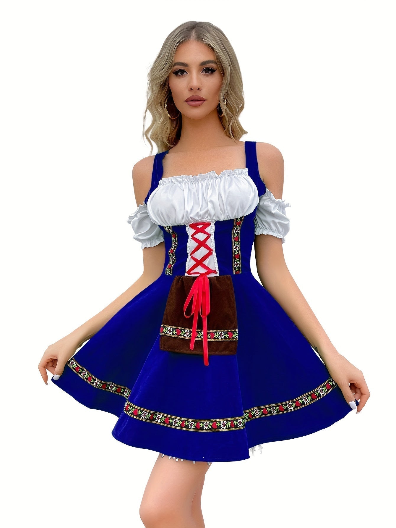 Damen Dirndl Kleid Baumwolle Schulterfrei Festlich Hochzeitsgast