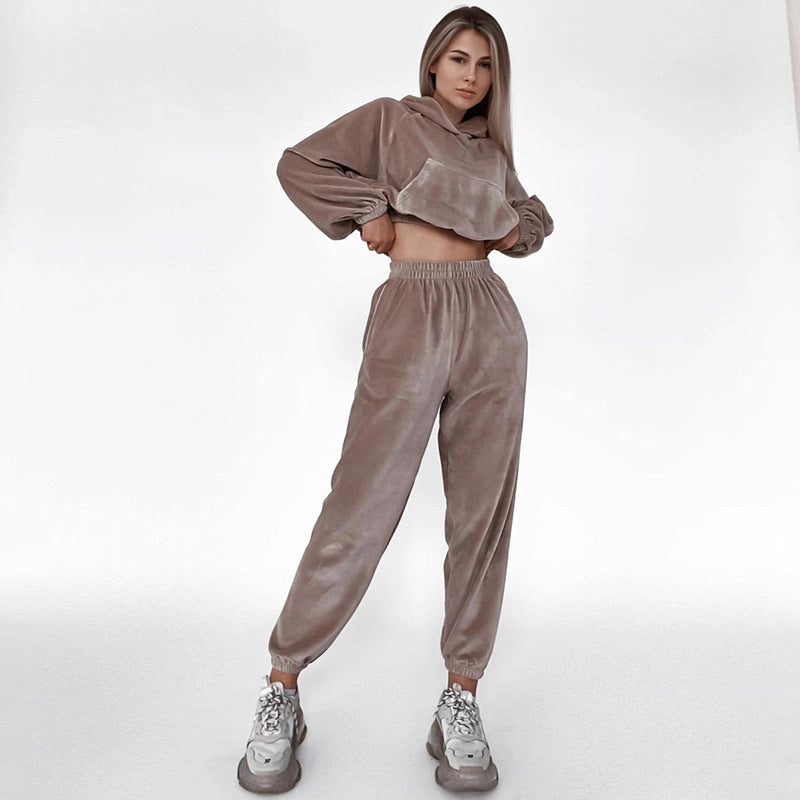 Damen Loungewear Set Velours Cropped Hoodie Weite Hosen