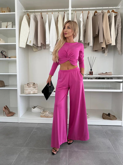 Damen Set Knoten-Oberteil und Weite Hosen aus Atmungsaktivem Material