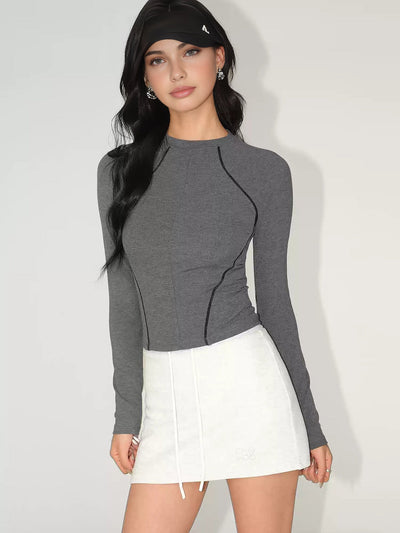 Damen Slim Jersey Top Baumwolle mit Kontrastpaspelierung Long Sleeve
