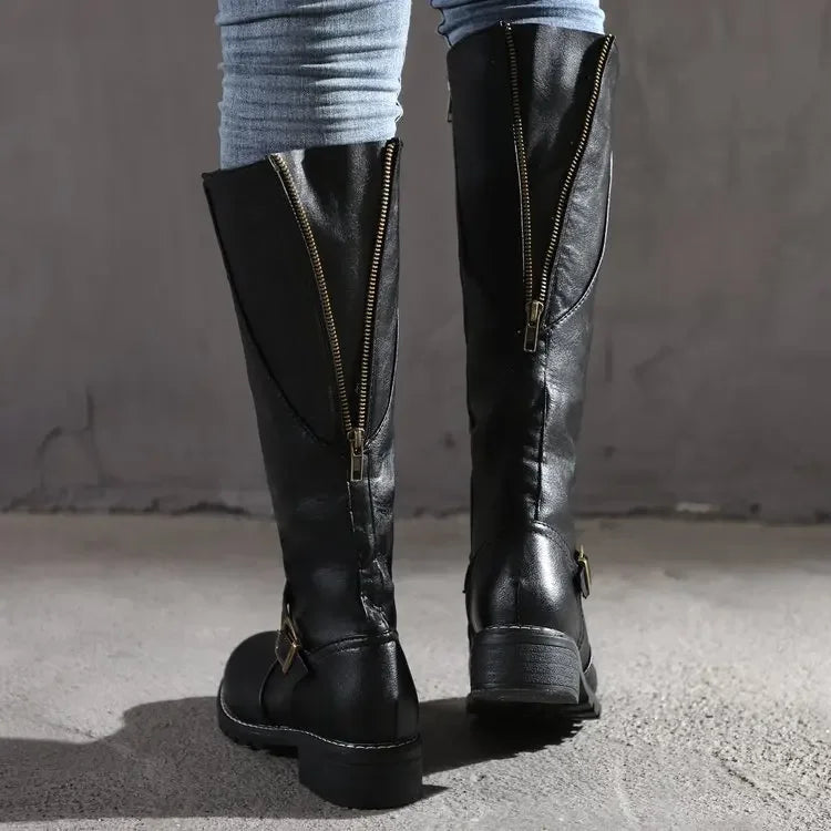 Damen Stiefel Hochwertiges Leder Kniehoch mit Schnallendetails