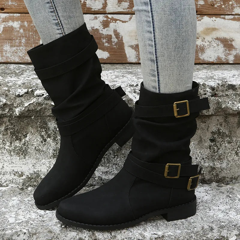 Damen Stiefel Mittlere Wadenhöhe mit Schnallendetails und Niedrigem Absatz
