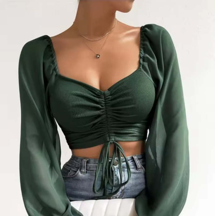 Elegantes Crop-Top | Transparente Ärmel & Raffung | Feminin & Modern