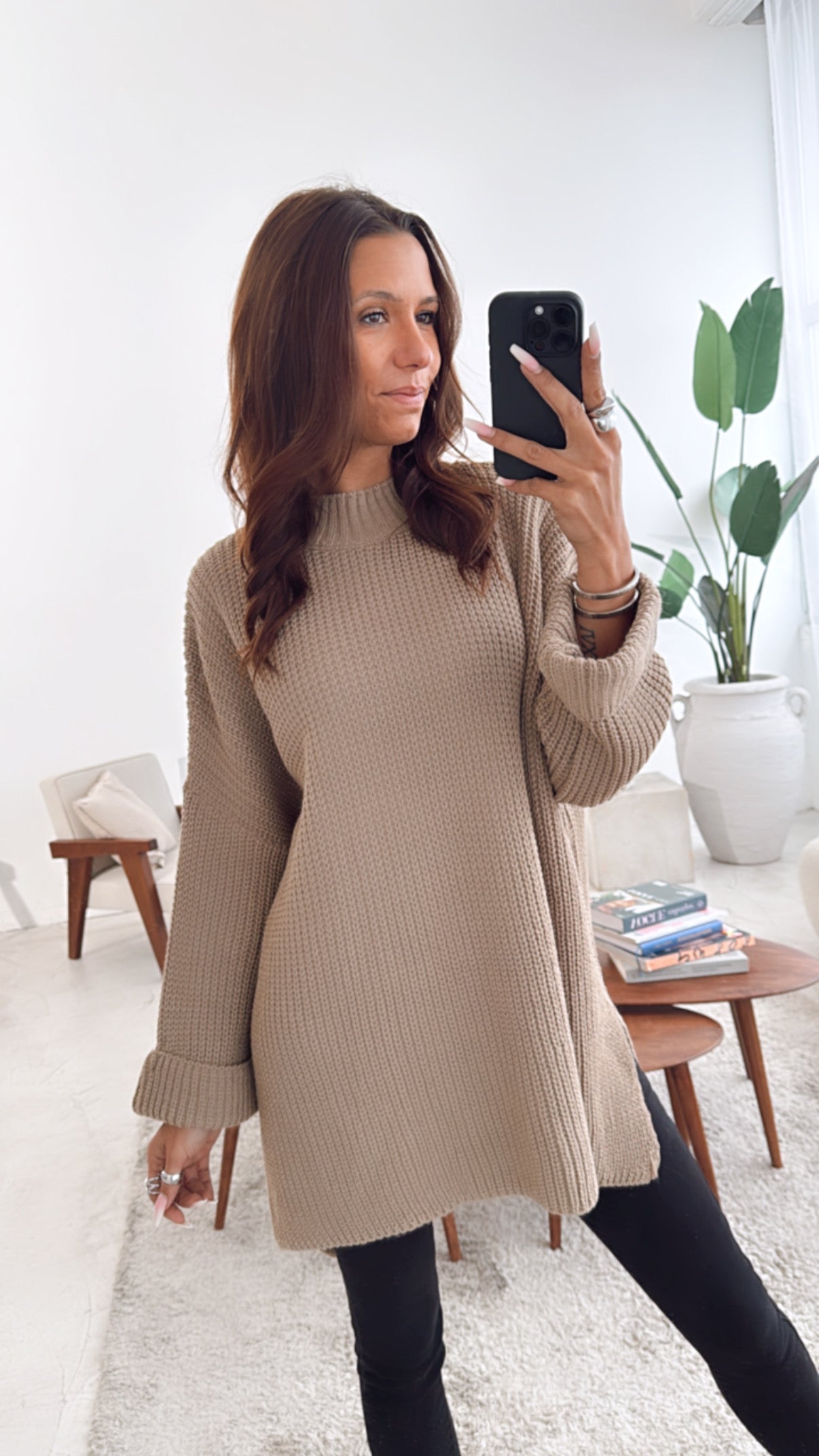 Stehkragen Oversize Pullover mit Schlitz / Cappuccino Art. 4924