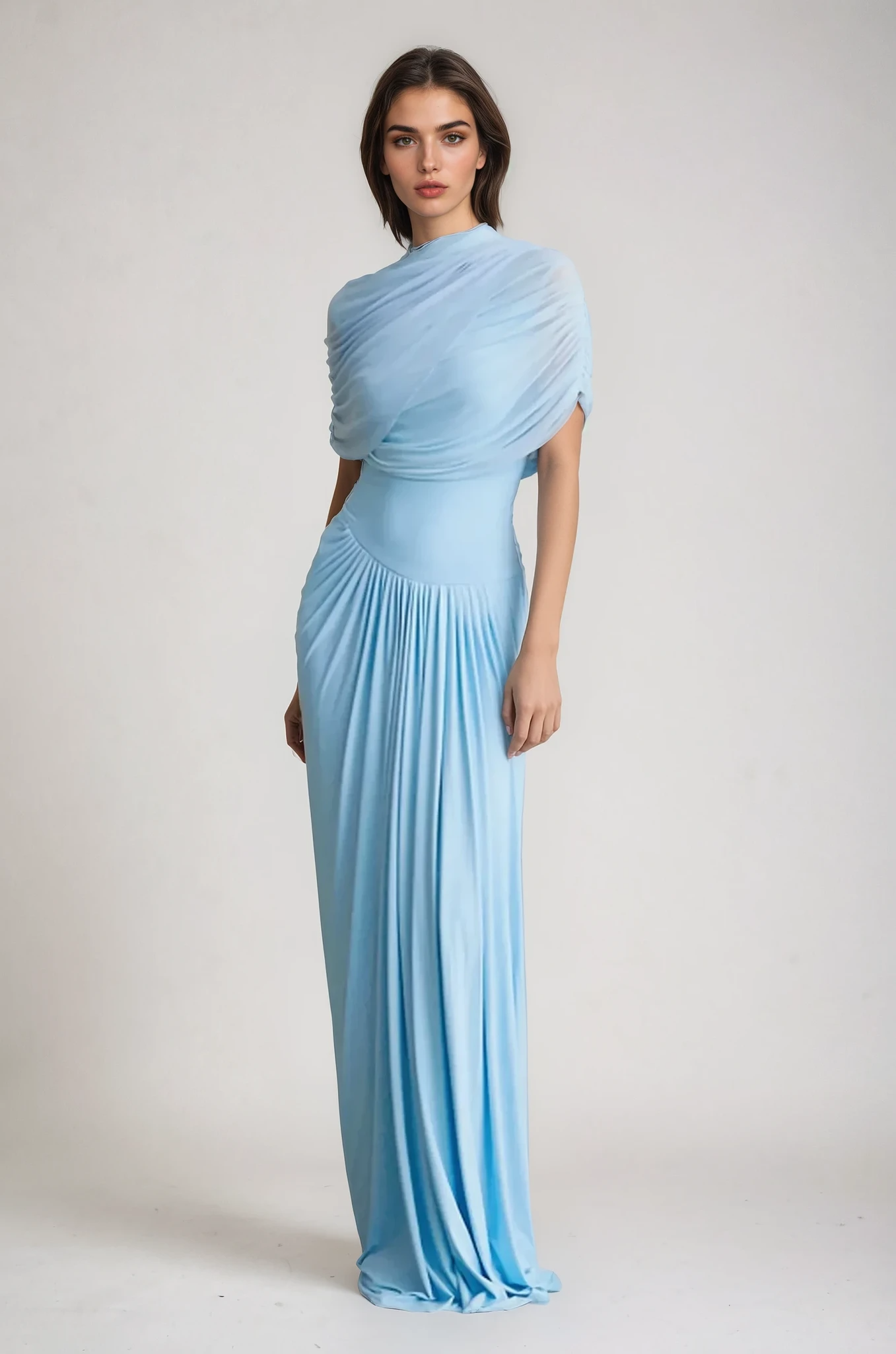 Damen-Maxikleid mit Drapierung, V-Ausschnitt, ärmellos