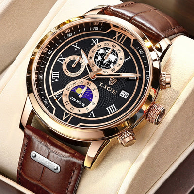 Edles Leder Chronograph Herren Armbanduhr