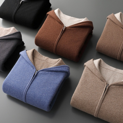 Herren Kaschmir-Wolle Kapuzenpullover mit Reißverschluss - Premium Qualität