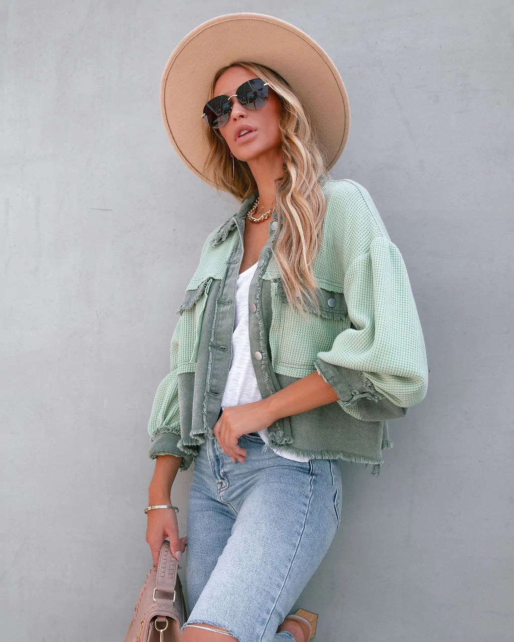 Cropped-Jacke mit Ballonärmeln | Trendiger Materialmix | Lässiger Vintage-Look