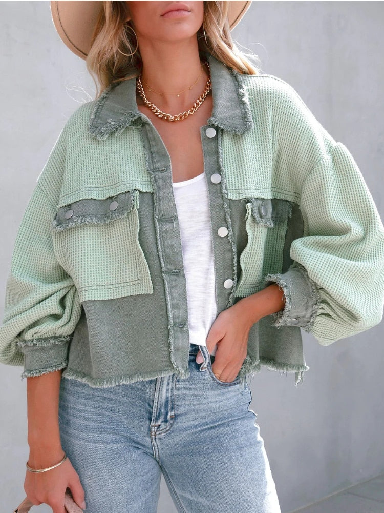 Cropped-Jacke mit Ballonärmeln | Trendiger Materialmix | Lässiger Vintage-Look