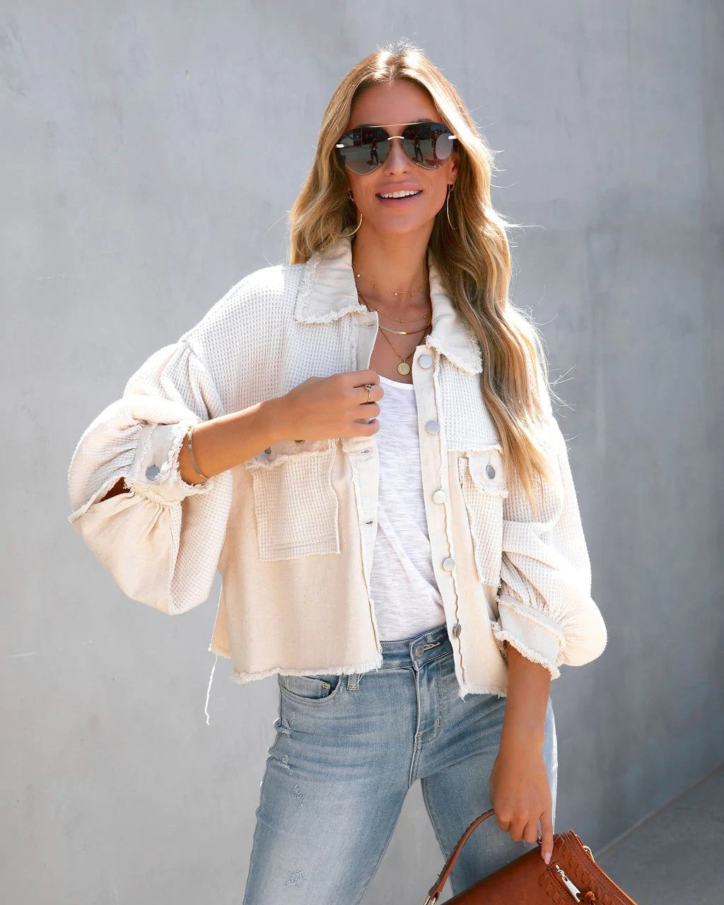 Cropped-Jacke mit Ballonärmeln | Trendiger Materialmix | Lässiger Vintage-Look