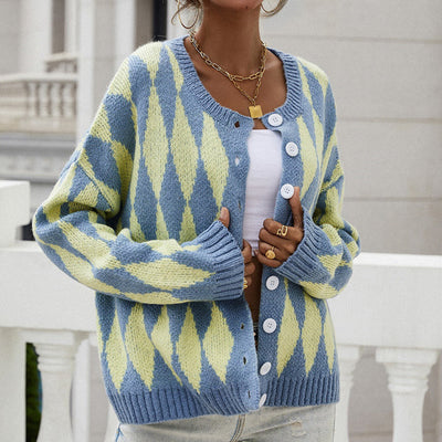 Strickcardigan mit Rautenmuster | Rundhalsausschnitt | Retro-Chic