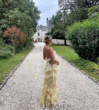 Estella Rüschen-Maxikleid mit offenem Rücken und fließendem Schnitt