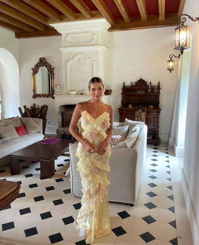 Estella Rüschen-Maxikleid mit offenem Rücken und fließendem Schnitt