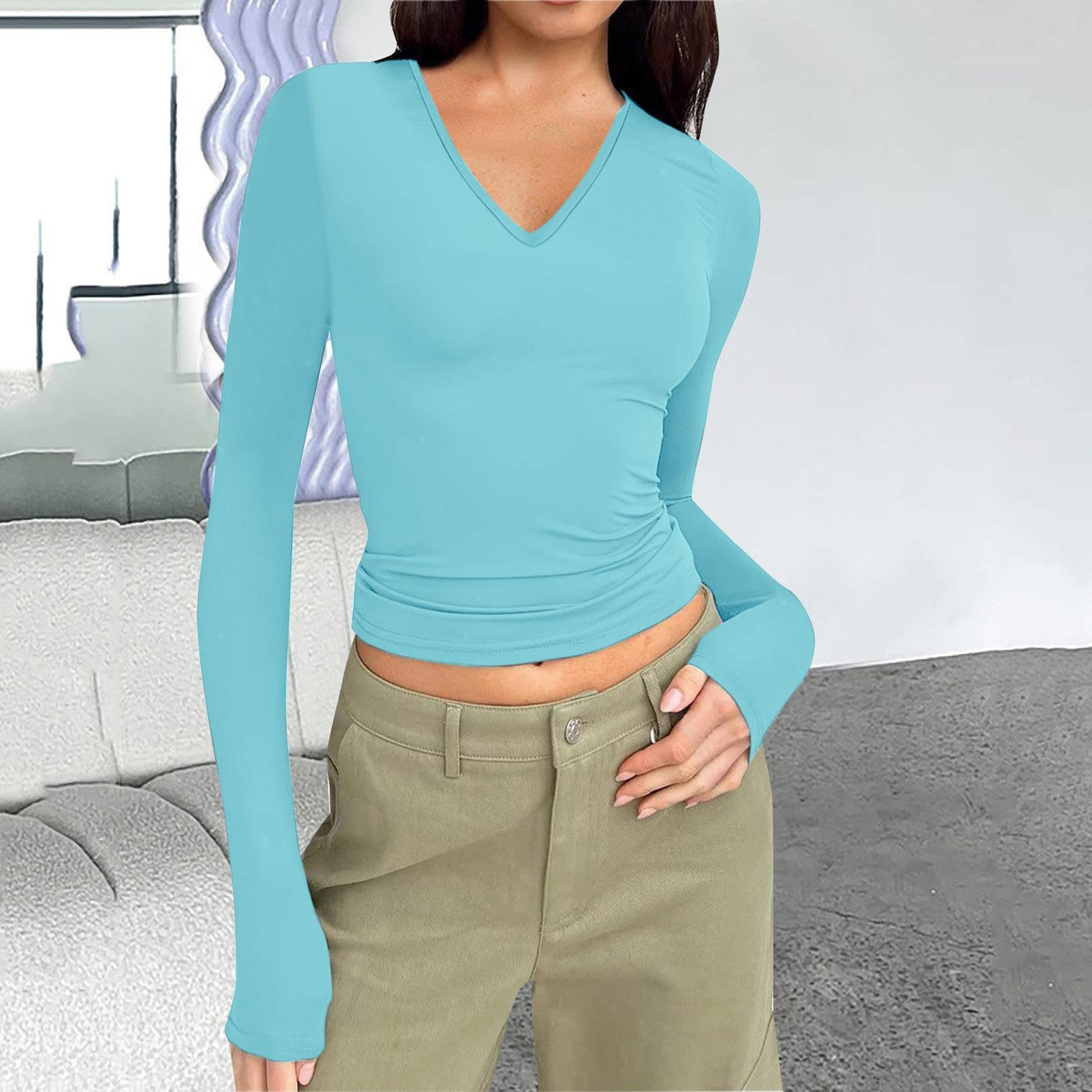 Damen Langarmshirt mit V-Ausschnitt von Fudus