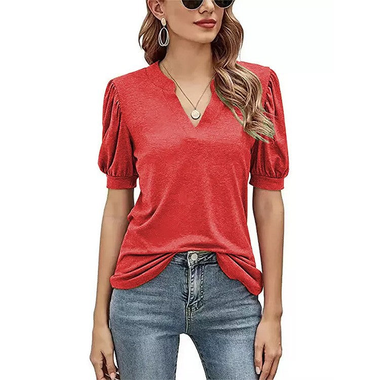 Damen T-Shirt mit V-Ausschnitt und Puffärmeln Fudus