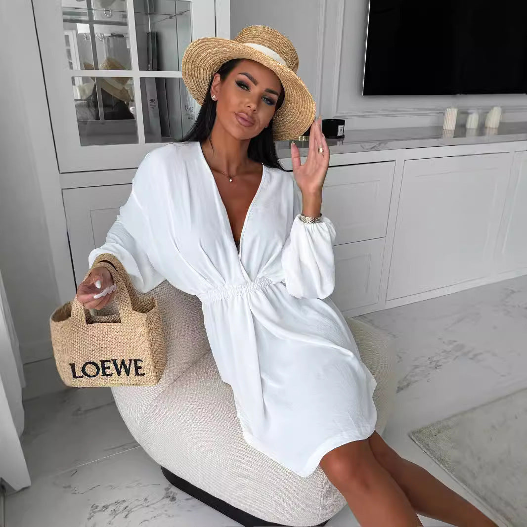 Damen lockeres Wickelkleid mit V-Ausschnitt und elastischem Bund Fudus