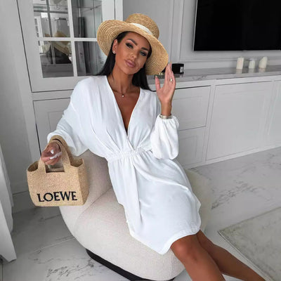 Damen lockeres Wickelkleid mit V-Ausschnitt und elastischem Bund Fudus