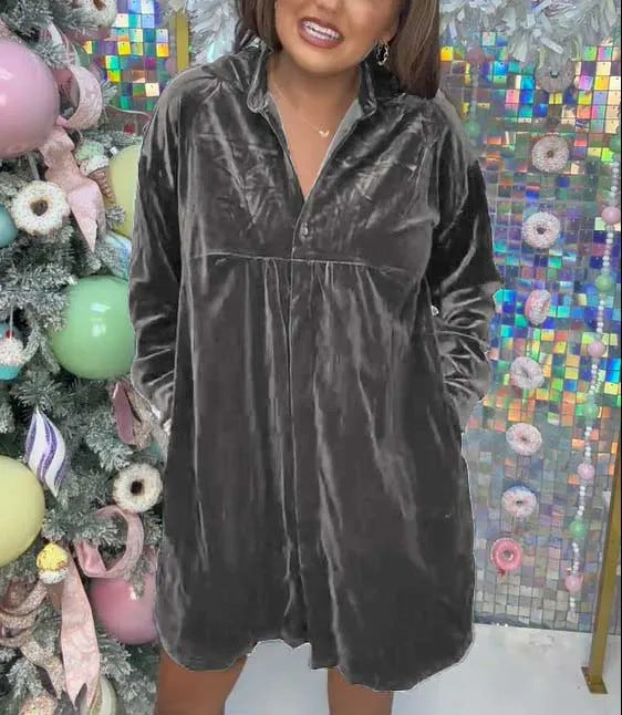 Damen Luxuriöses Velourshemdkleid mit Knopf und verspieltem Schnitt Fudus