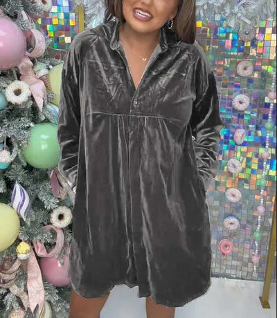 Damen Luxuriöses Velourshemdkleid mit Knopf und verspieltem Schnitt Fudus