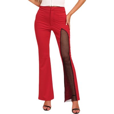 Damen Elegante High-Waist-Hosen mit Netzdetails Fudus