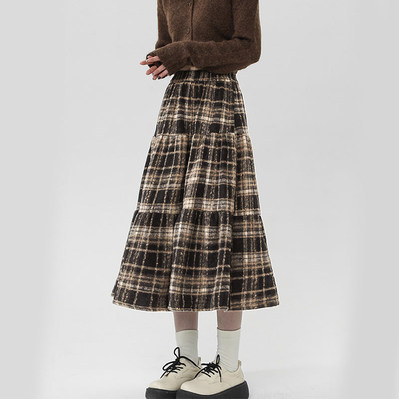 Damen gestufter Midi-Rock aus hochwertigem Baumwoll-Mix mit kariertem Muster Fudus