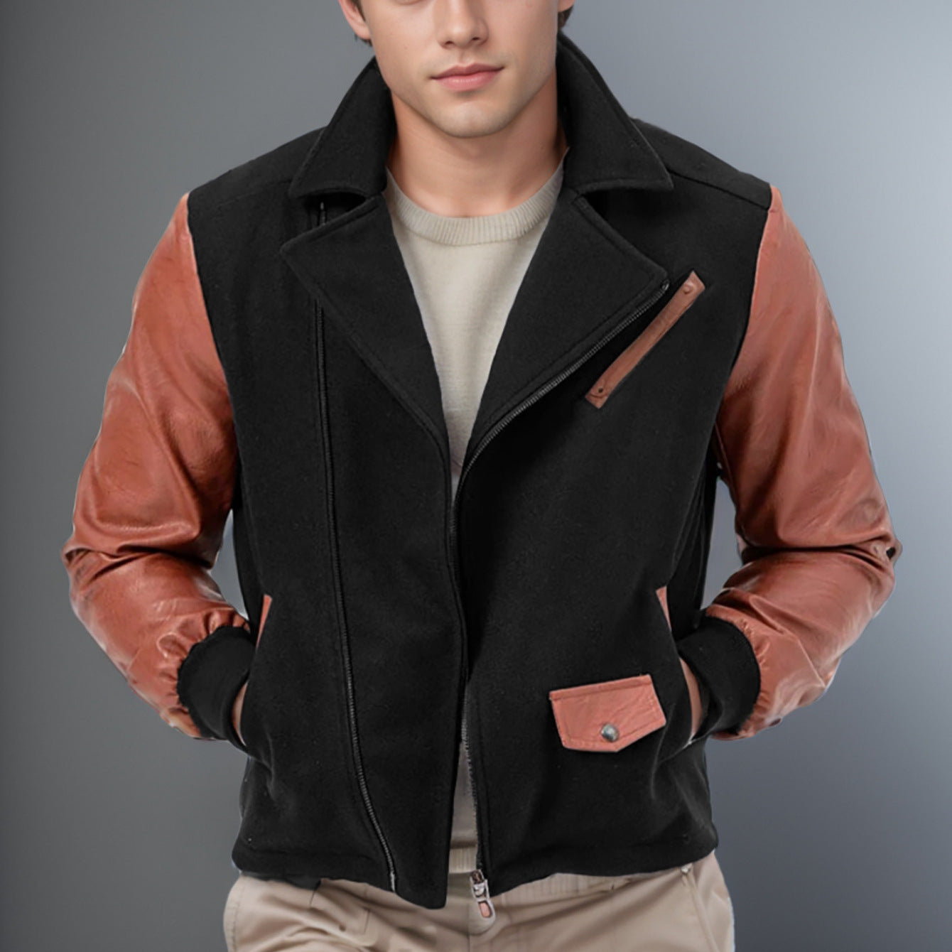 Herren Bikerjacke mit zwei Materialien und praktischen Taschen Aliams