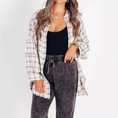 Damen Karobluse im lässigen Schnitt mit tiefem V-Ausschnitt und überschnittenen Schultern Fudus