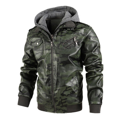 Herren Camouflage Lederjacke mit Kapuze und Taschen