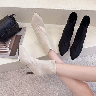 Damen Strick-Stiefeletten mit elegantem Fesselriemen und stylisiertem Blockabsatz Fudus