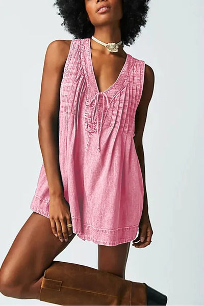 Damen lässiges Denim-Kleid mit feinen Falten und funktionalem Bindeband Fudus