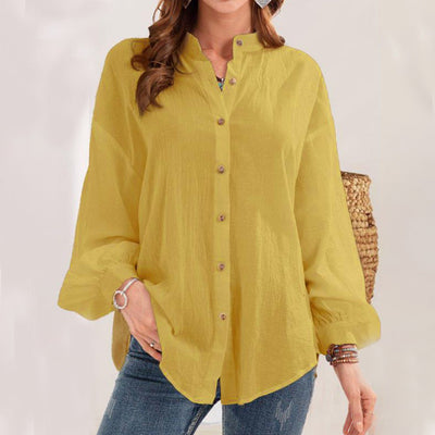 Damen lässige Bluse aus leichtem Leinen mit dekorativen Knöpfen Fudus