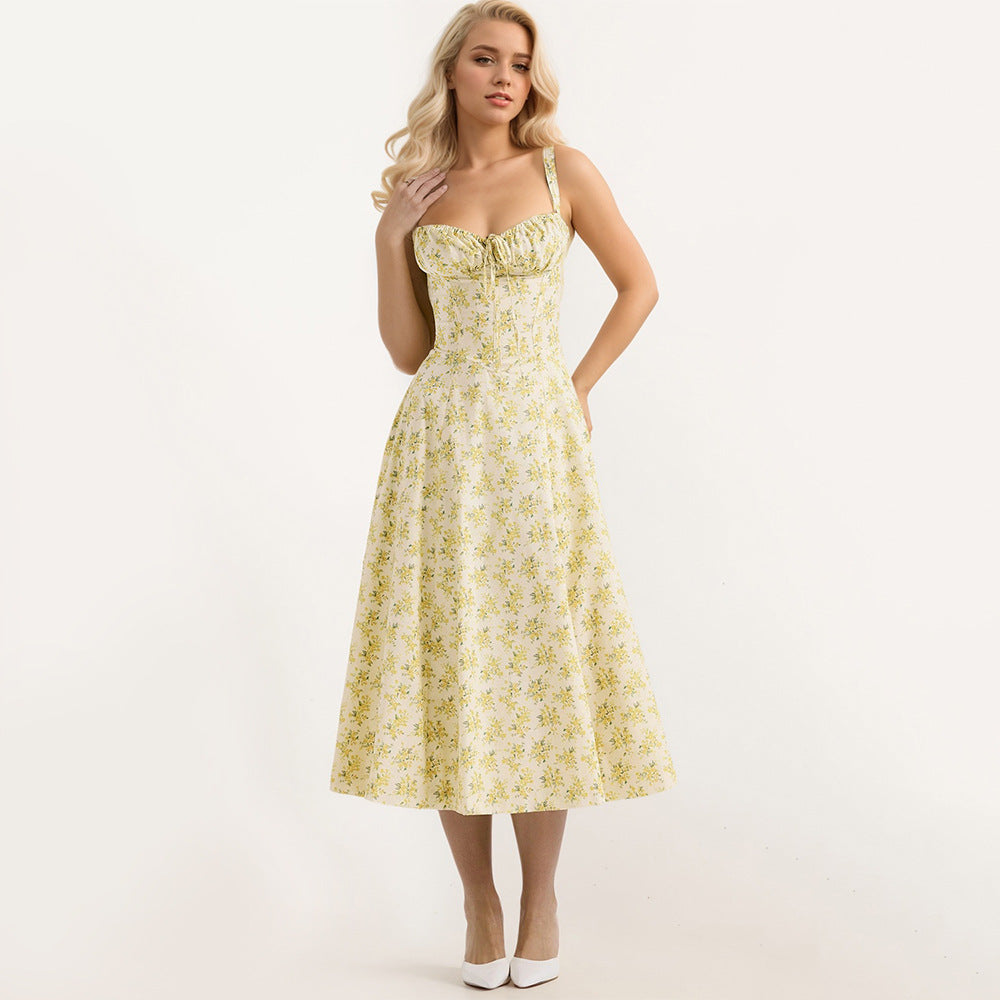 Damen Midikleid mit floralen Mustern und dekorativen Rüschen Fudus