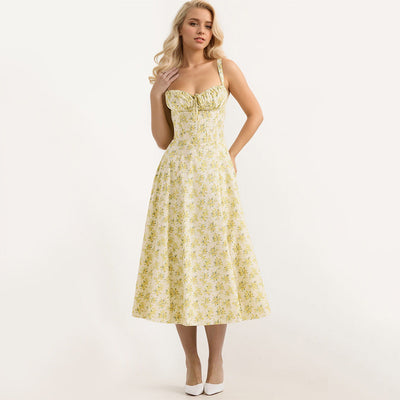 Damen Midikleid mit floralen Mustern und dekorativen Rüschen Fudus