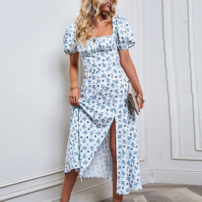 Damen Kleid mit Puffärmeln und hohem Schlitz Fudus