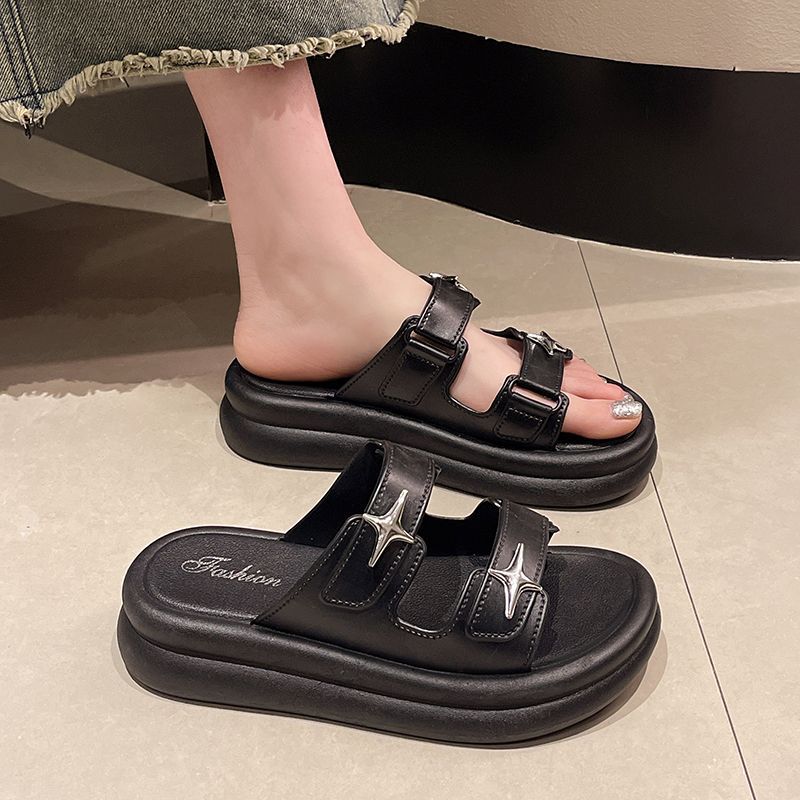 Damen Modische Plattform-Pantoletten mit verstellbaren Riemen und stylischen Sternenapplikationen Fudus