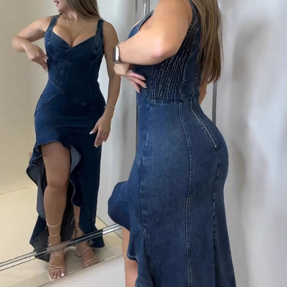 Damen Maxikleid aus Denim mit figurschmeichelndem Schnitt Fudus