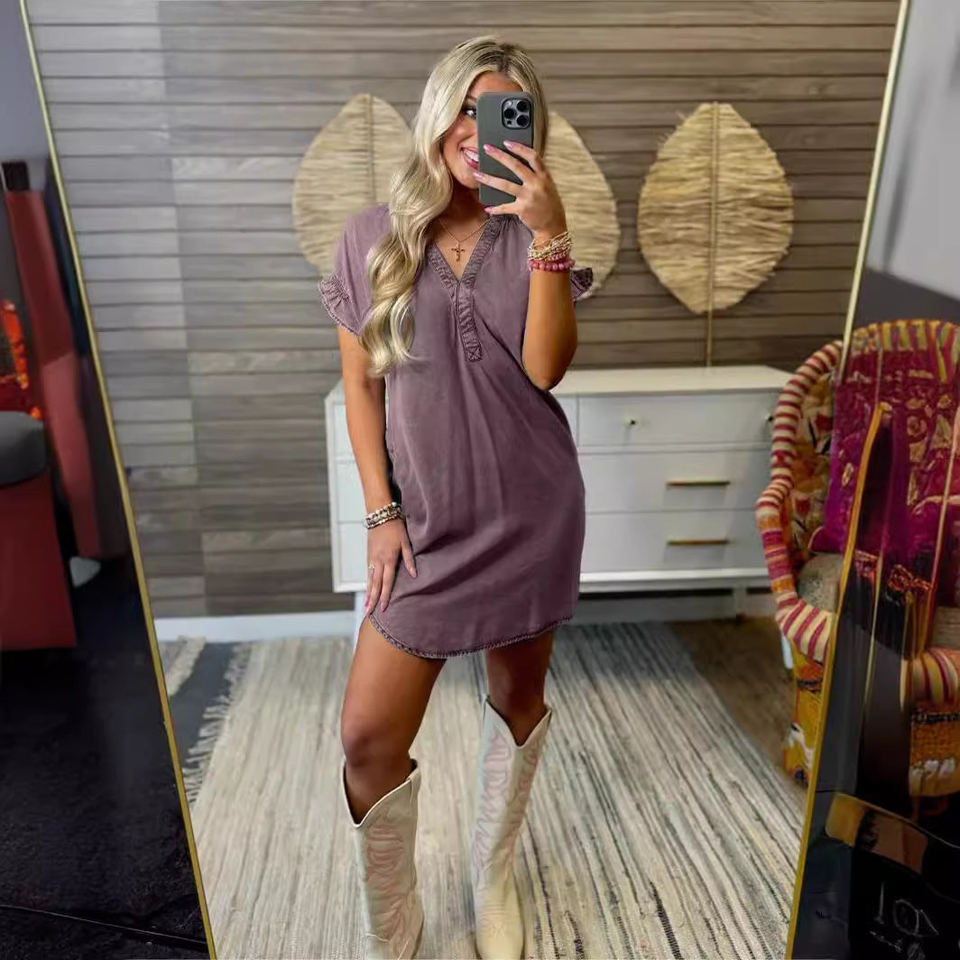 Damen Kurzarm-Kleid mit schönem V-Ausschnitt und Rüschendetails Fudus