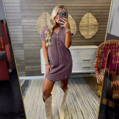 Damen Kurzarm-Kleid mit schönem V-Ausschnitt und Rüschendetails Fudus