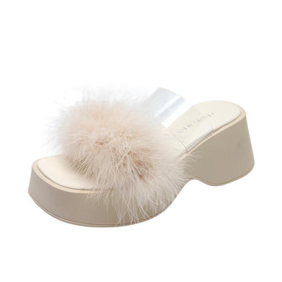 Damen modische Plattform-Pantoletten mit Federdetails und transparentem Riemen Fudus