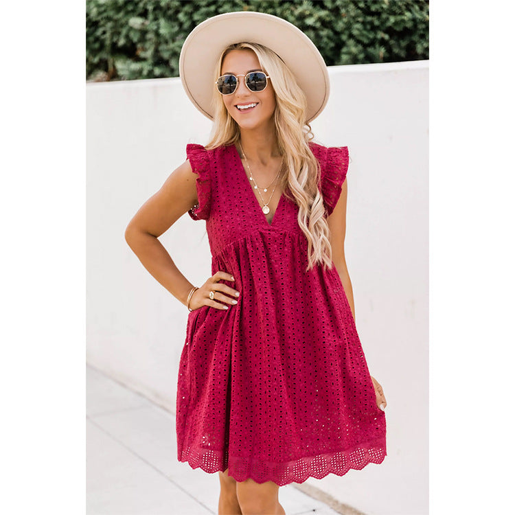 Damen Kurzkleid im luftigen Boho-Stil mit V-Ausschnitt und Rüschendetails Fudus