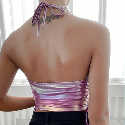 Damen schimmerndes Oberteil mit raffiniertem Rüschendesign und Ketten-Trägern Fudus