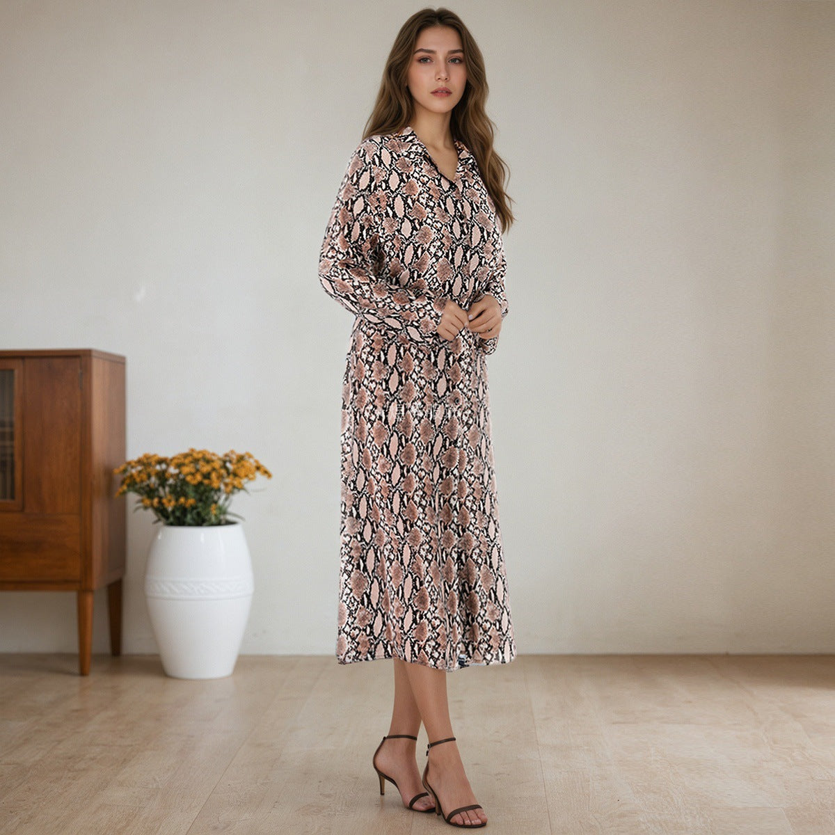 Damen Etuikleid mit Schlangenmotiv und langem Ärmel Fudus