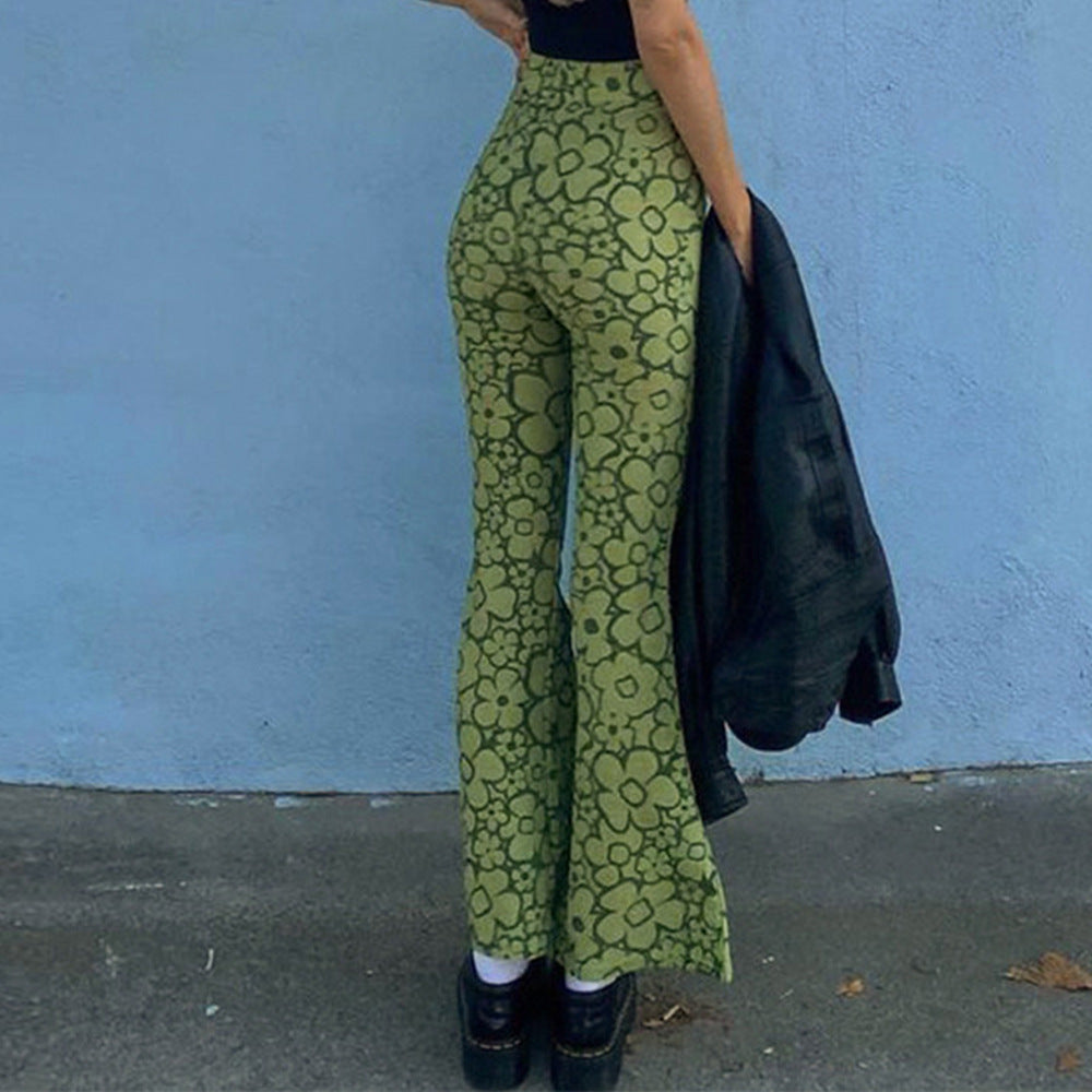 Damen Flared Jeans mit floralem Muster und hohem Bund Fudus