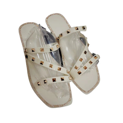 Damen Stylische Badeslipper mit Glitzerschmuck und goldenen Nieten Fudus