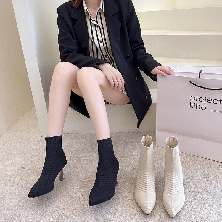 Damen Strick-Stiefeletten mit elegantem Fesselriemen und stylisiertem Blockabsatz Fudus