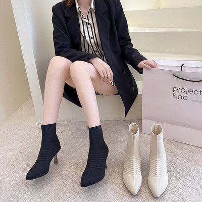 Damen Strick-Stiefeletten mit elegantem Fesselriemen und stylisiertem Blockabsatz Fudus