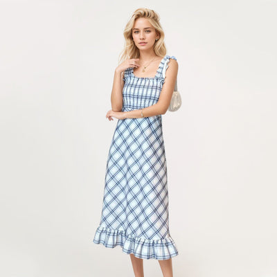 Damen Maxikleid mit Rüschendetails und kariertem Muster Fudus